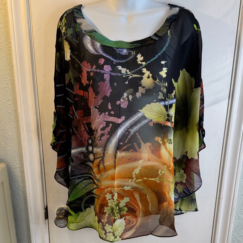 NWT Chico's Pixie Chianti Poncho Multicolor Floral Blouse Size S/M